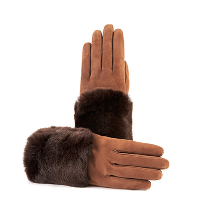 Brown suede leather gloves featuring a large real fur panel, showcasing Italian craftsmanship and elegant design.