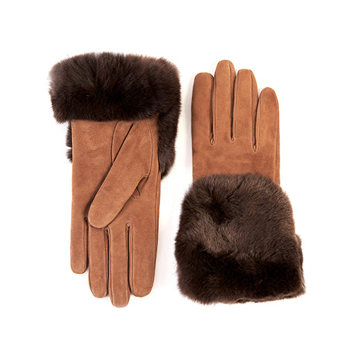 Suede leather gloves in warm brown featuring a luxurious large real fur panel for added elegance and warmth.