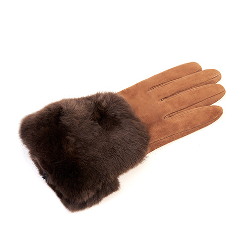 Suede leather women's gloves in rich brown, featuring a luxurious large real fur panel for added elegance and warmth.