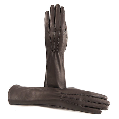 Dark brown nappa leather gloves with elegant stitching, featuring a sleek design and soft cashmere lining for ultimate comfort.