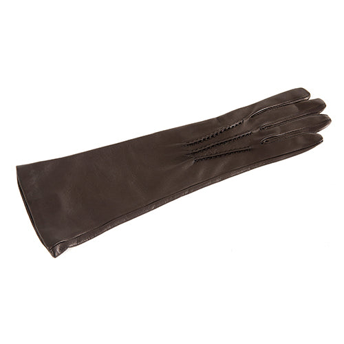 Dark brown nappa leather gloves featuring elegant stitching and a sleek design, lined with soft cashmere for added warmth.