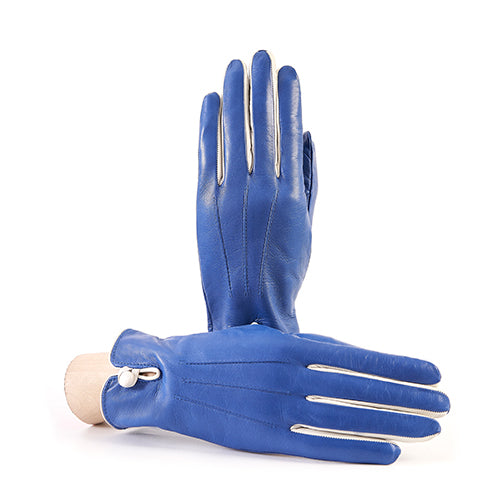 Teal nappa leather women's gloves featuring a stylish button and soft cashmere lining, showcasing Italian craftsmanship.