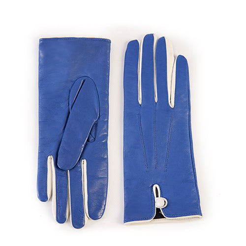 Women's teal nappa leather gloves featuring a button and soft cashmere lining, showcasing elegant Italian craftsmanship.