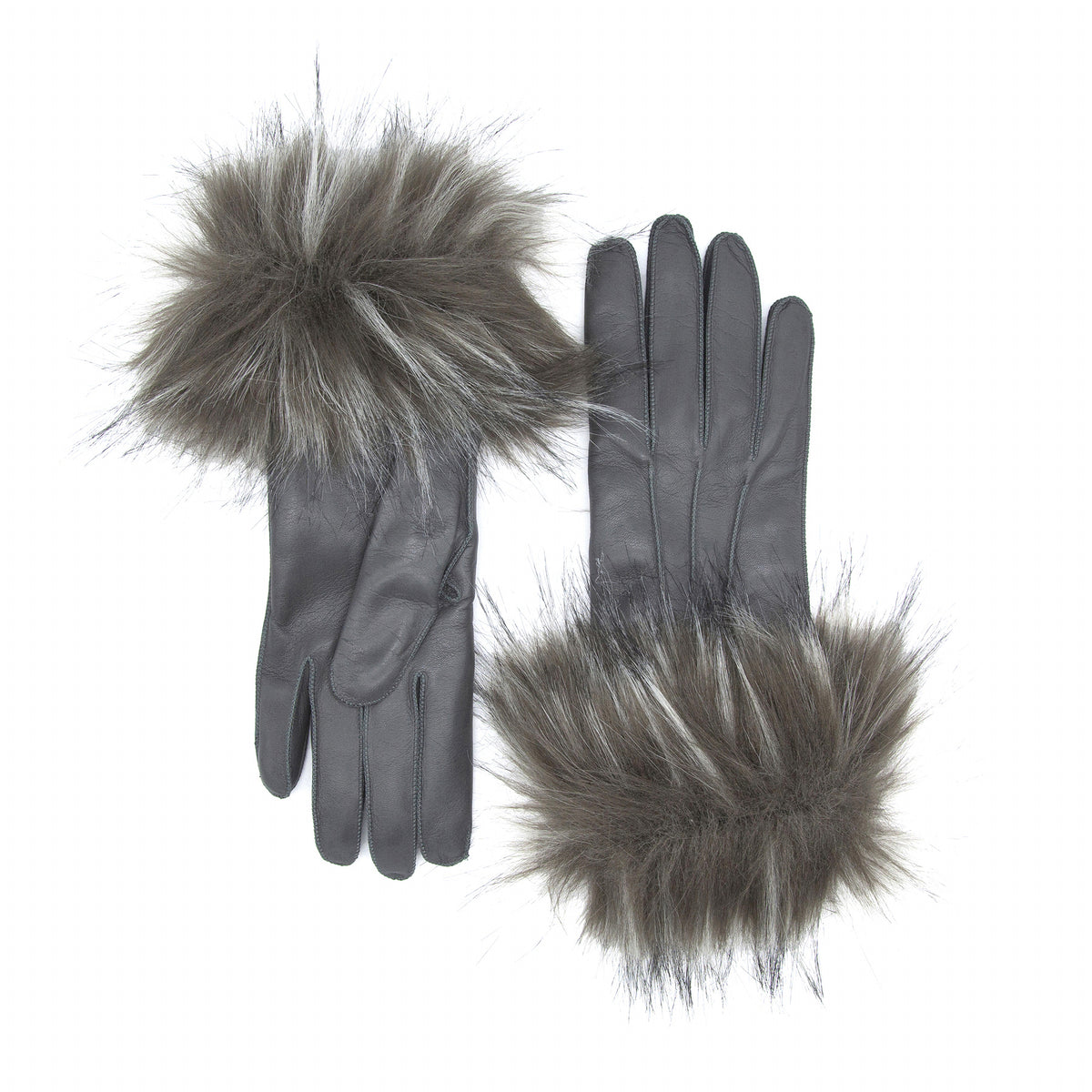 Gray leather gloves featuring a luxurious faux fur cuff, showcasing elegant Italian design and premium craftsmanship.