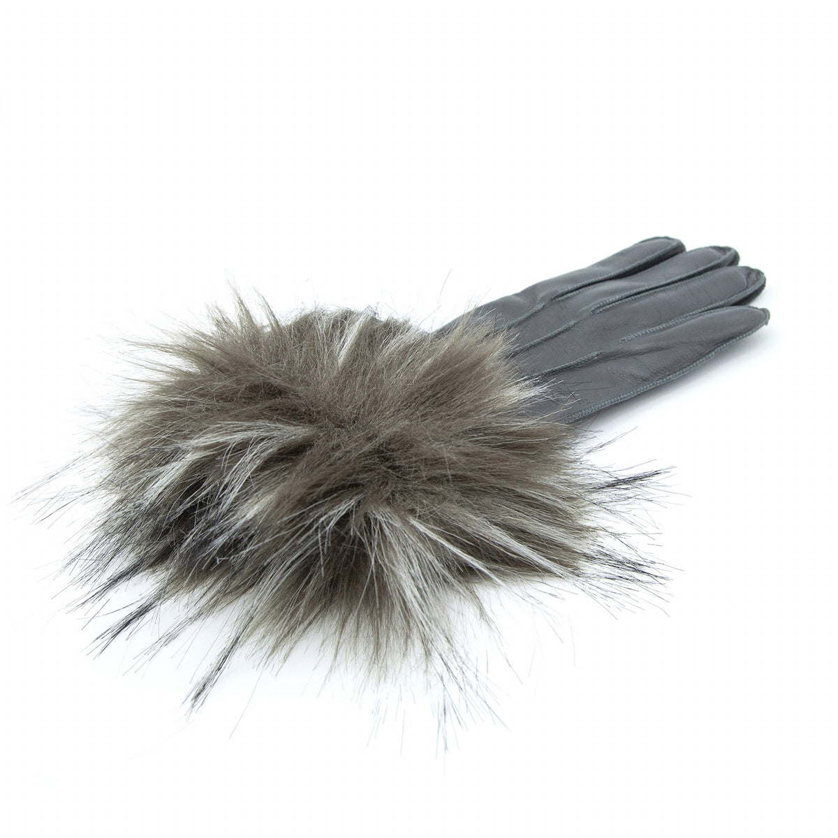 Elegant gray leather gloves featuring a luxurious faux fur cuff, showcasing Italian craftsmanship and refined design.