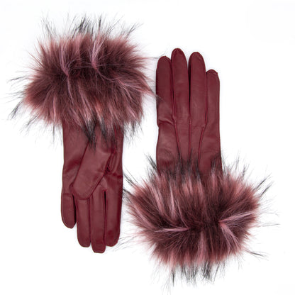 Burgundy leather gloves featuring a plush faux fur cuff, showcasing elegant Italian design and luxurious craftsmanship.