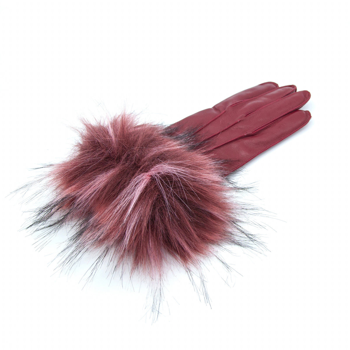 Burgundy leather gloves featuring a luxurious faux fur cuff for an elegant touch and sophisticated style.