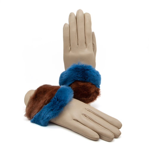 Nappa leather gloves in beige, featuring a bicolor real fur panel in brown and blue, luxuriously cashmere lined for warmth.