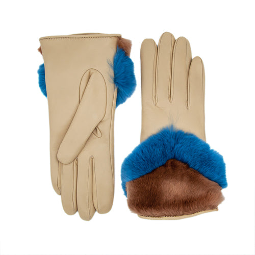 Ladies' nappa leather gloves in cream with bicolor real fur panels in blue and brown, lined with soft cashmere for warmth.