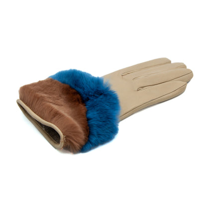 Nappa leather gloves featuring a bicolor real fur panel in brown and blue, elegantly cashmere lined for warmth and style.