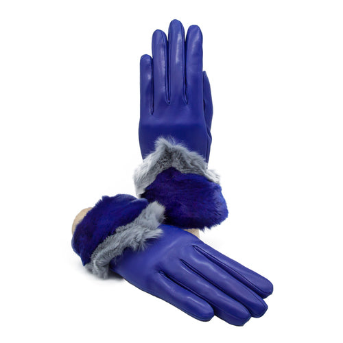 Ladies' blue nappa leather gloves featuring a bicolor real fur panel, elegantly cashmere lined for warmth and style.