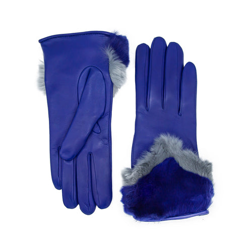 Ladies' blue nappa leather gloves featuring a soft gray fur panel, elegantly cashmere lined for warmth and style.