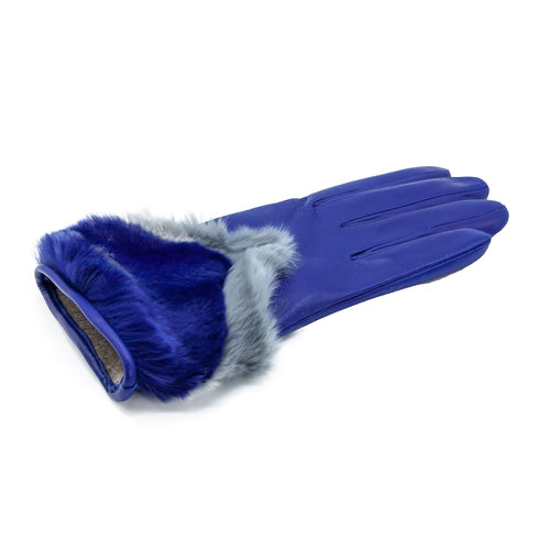 Ladies' royal blue nappa leather gloves featuring a bicolor fur panel, elegantly lined with soft cashmere for warmth and style.