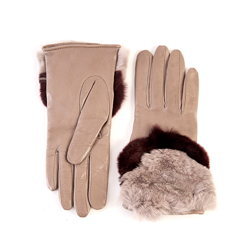 Ladies' nappa leather gloves in soft taupe, featuring a bicolor real fur panel and cozy cashmere lining for luxurious warmth.