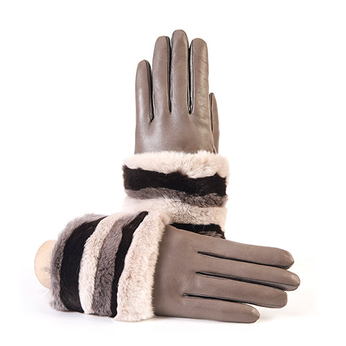 Ladies' nappa leather gloves in taupe, featuring a stripe rex panel top and soft cashmere lining for warmth and elegance.