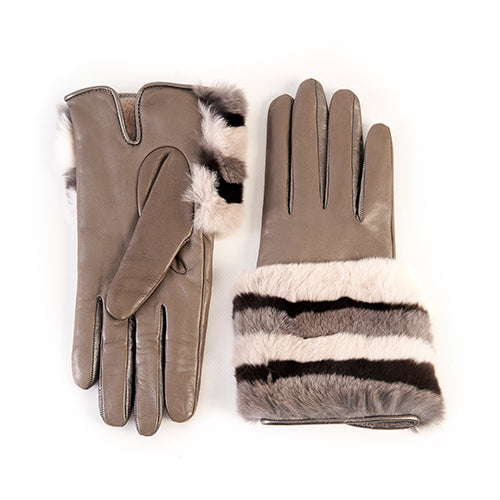Ladies' nappa leather gloves in taupe with a striped rex fur panel, featuring a soft cashmere lining for added warmth and comfort.