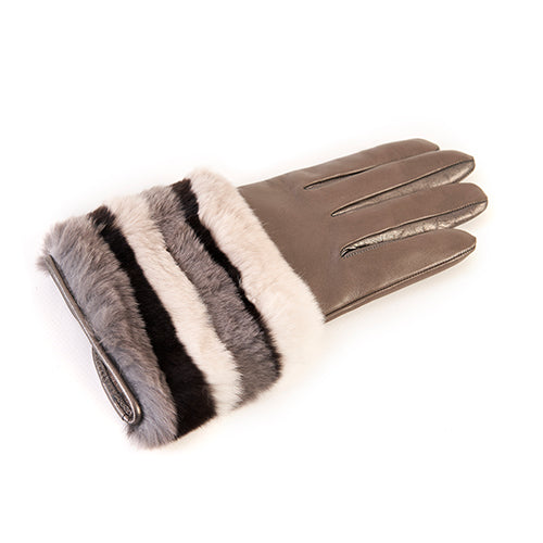 Ladies' nappa leather gloves in gray, featuring a stripe rex panel top and luxurious cashmere lining for warmth and elegance.