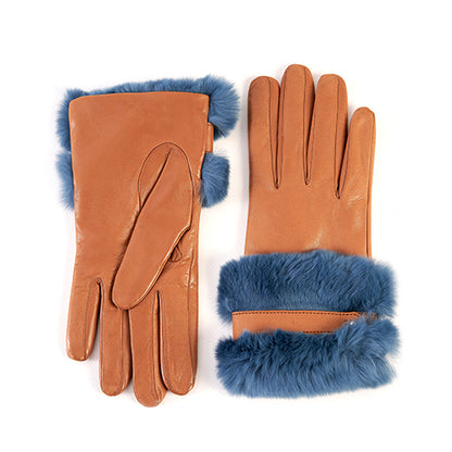 Ladies' nappa leather gloves in warm tan, featuring a luxurious blue fur cuff and soft cashmere lining for added comfort.