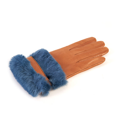 Ladies' tan nappa leather gloves featuring a large blue natural fur cuff and cashmere lining for added warmth and elegance.