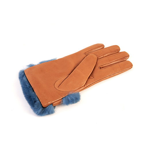 Nappa leather gloves in cognac with a large blue fur cuff and cashmere lining, showcasing elegant Italian craftsmanship.