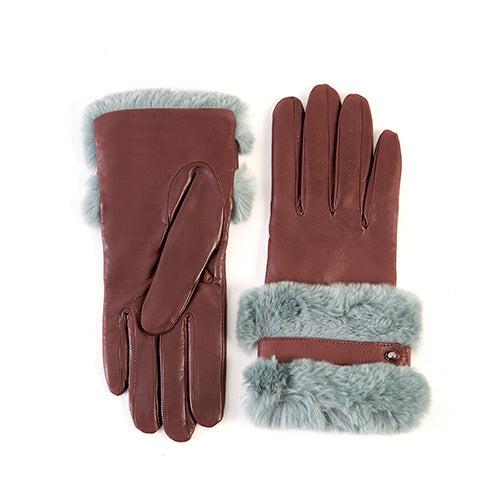 Ladies' burgundy nappa leather gloves featuring a soft blue fur cuff and cashmere lining for warmth and elegance.