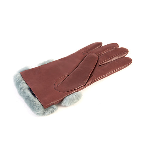 Ladies' burgundy nappa leather gloves featuring a soft blue fur cuff and cashmere lining for luxurious warmth and style.