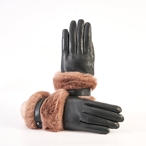 Ladies' black nappa leather gloves featuring a large natural fur cuff and strap, lined with soft cashmere for added warmth.