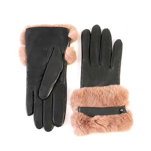 Damen Nappa-Leder Handschuhe mit groß Echtpelz Manschette und Riemen, Kaschmirfutter