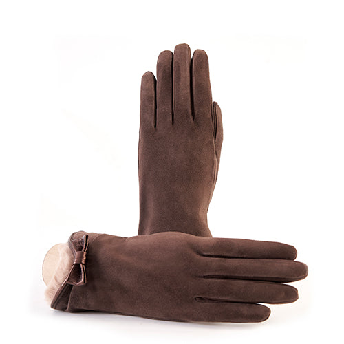 Ladies' brown suede gloves featuring a natural rabbit fur cuff and elegant bow details, showcasing Italian luxury craftsmanship.