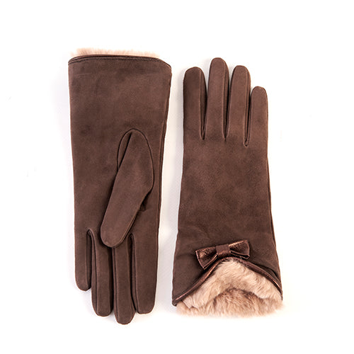 Ladies' brown suede gloves featuring a natural rabbit fur cuff and elegant bow details, showcasing Italian luxury craftsmanship.