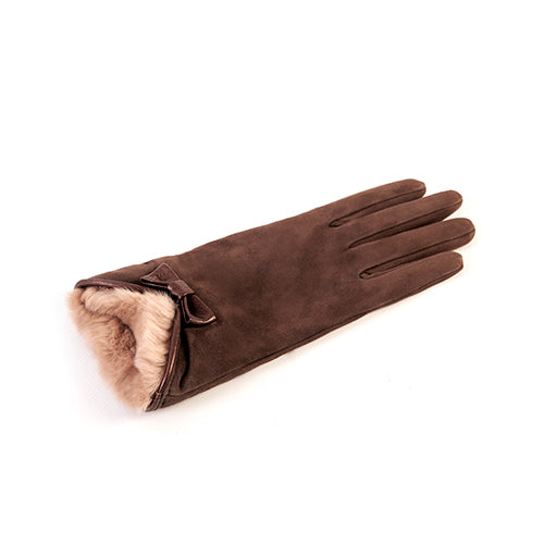 Ladies' brown suede gloves featuring a natural rabbit fur cuff and elegant bow detail, showcasing Italian luxury craftsmanship.