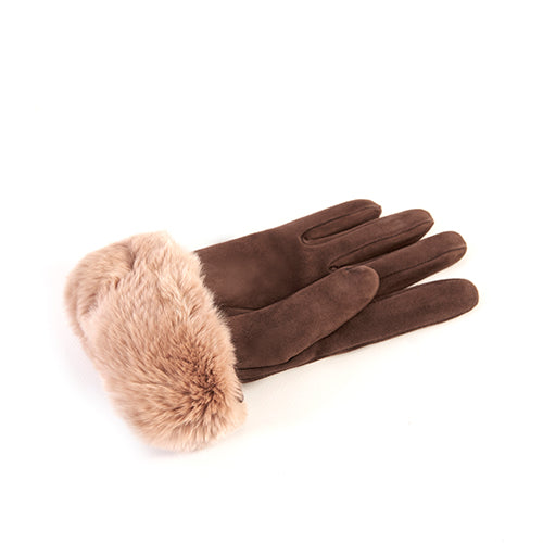Ladies' brown suede gloves featuring a natural rabbit fur cuff and elegant bow detail, showcasing Italian luxury craftsmanship.