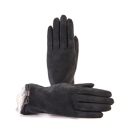 Ladies' black suede gloves featuring a natural rabbit fur cuff and elegant bow details, showcasing Italian craftsmanship.