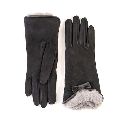 Ladies' black suede gloves featuring a soft rabbit fur cuff and elegant bow details for a touch of luxury and sophistication.