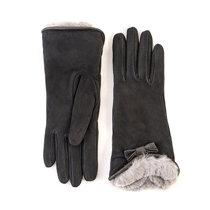Ladies' black suede gloves featuring a soft rabbit fur cuff and elegant bow details for a touch of luxury and sophistication.