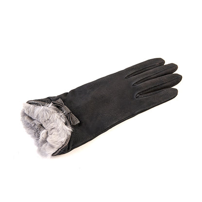 Ladies' black suede gloves featuring a plush natural rabbit fur cuff and elegant bow details, showcasing Italian luxury craftsmanship.