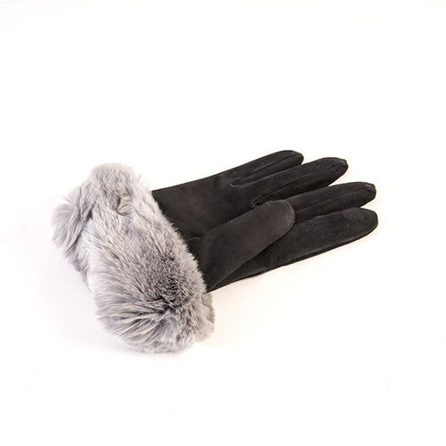 Ladies' grey suede gloves featuring a luxurious rabbit fur cuff and elegant bow details, showcasing Italian craftsmanship.