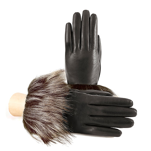 Ladies' short black nappa gloves featuring eco fur cuffs and a soft cashmere lining, showcasing Italian luxury craftsmanship.