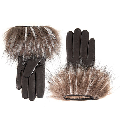 Ladies' black nappa gloves featuring eco fur cuffs and a soft cashmere lining, showcasing elegant Italian design and craftsmanship.