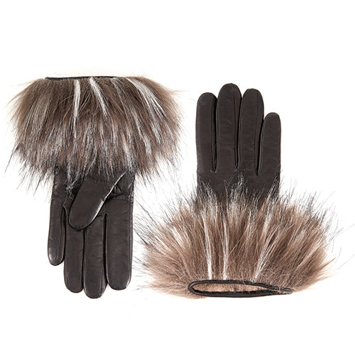 Ladies' black nappa gloves featuring eco fur cuffs and a soft cashmere lining, showcasing elegant Italian design and craftsmanship.