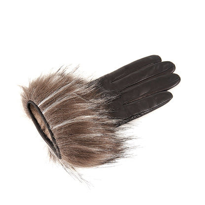 Ladies' short black nappa gloves featuring a soft eco-fur cuff and luxurious cashmere lining for warmth and elegance.