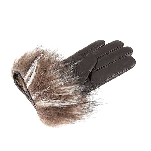 Ladies' short black nappa gloves featuring eco fur trim, elegantly lined with cashmere for a luxurious touch.