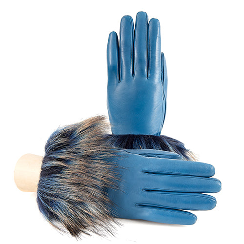 Ladies' blue nappa gloves featuring eco fur trim and a soft cashmere lining, showcasing Italian luxury craftsmanship.
