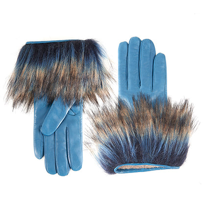 Ladies' blue nappa gloves featuring eco fur trim, showcasing elegant design and luxurious craftsmanship.