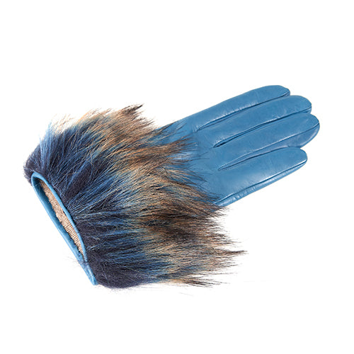 Ladies' short blue nappa gloves featuring an eco fur cuff, elegantly lined with cashmere for a luxurious touch.