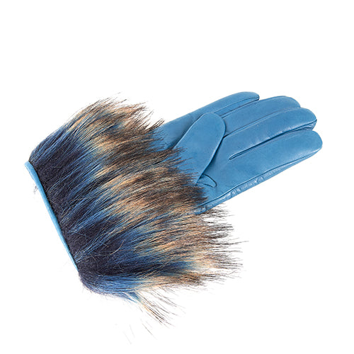 Ladies' blue nappa gloves featuring a striking eco fur cuff, exuding Italian luxury and elegant design.