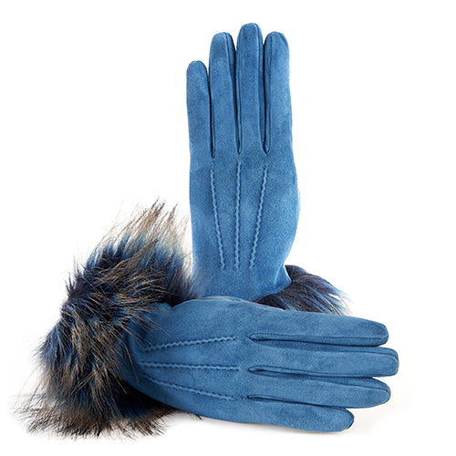 Ladies' blue suede gloves with elegant stitching and a luxurious faux fur cuff, showcasing Italian craftsmanship and style.