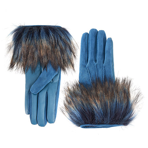 Ladies' blue suede gloves with a luxurious faux fur cuff, showcasing elegant Italian design and premium craftsmanship.