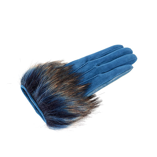 Ladies' blue suede gloves featuring a luxurious faux fur cuff, showcasing elegant Italian design and craftsmanship.