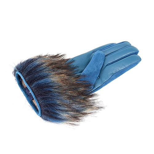 Ladies' blue leather gloves with soft suede and a luxurious faux fur cuff, showcasing elegant Italian craftsmanship.
